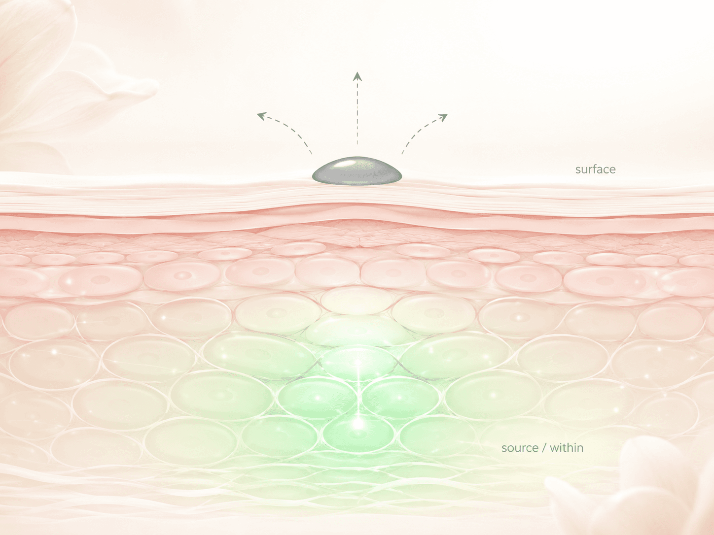 Skin cross-section — serum fading on the surface vs glutathione glowing from within