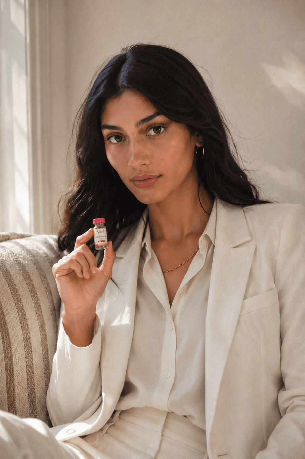 Woman holding Vael Glutathione, radiant and detoxed