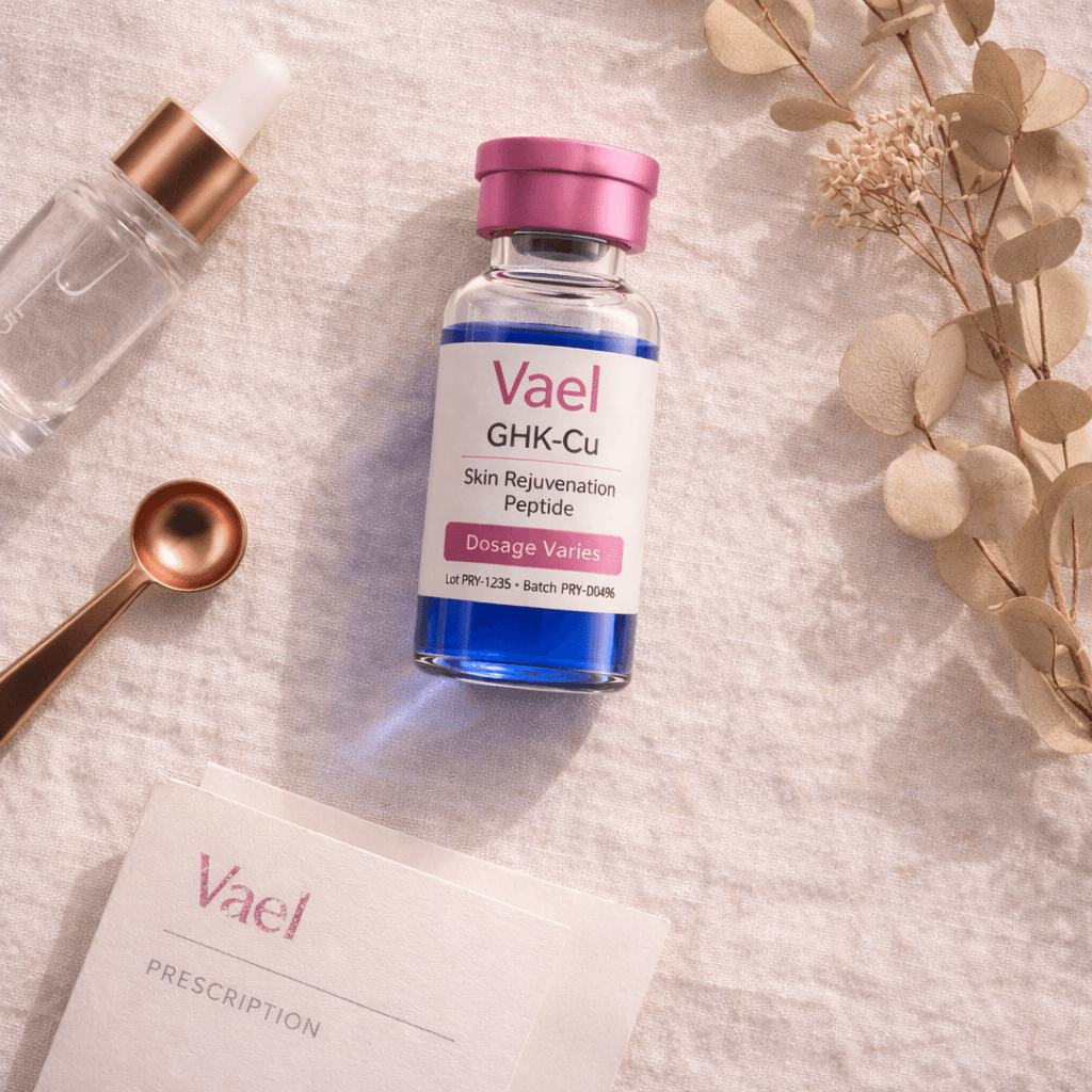Vael GHK-Cu Skin Rejuvenation Peptide vial flatlay with dropper and prescription card